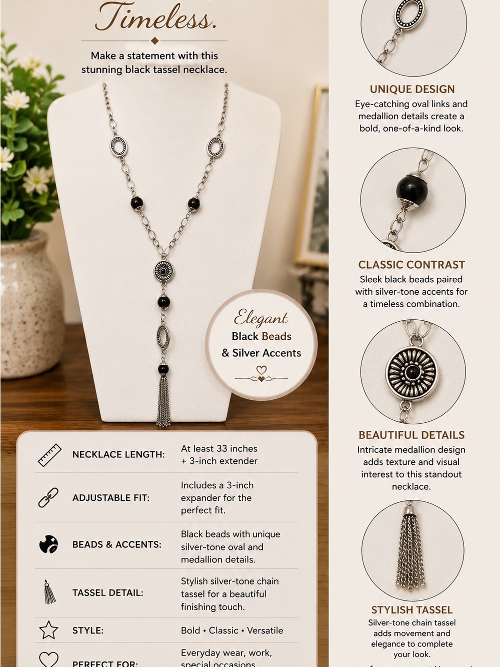 paparazzi Black & Silver Bead Tassel Necklace